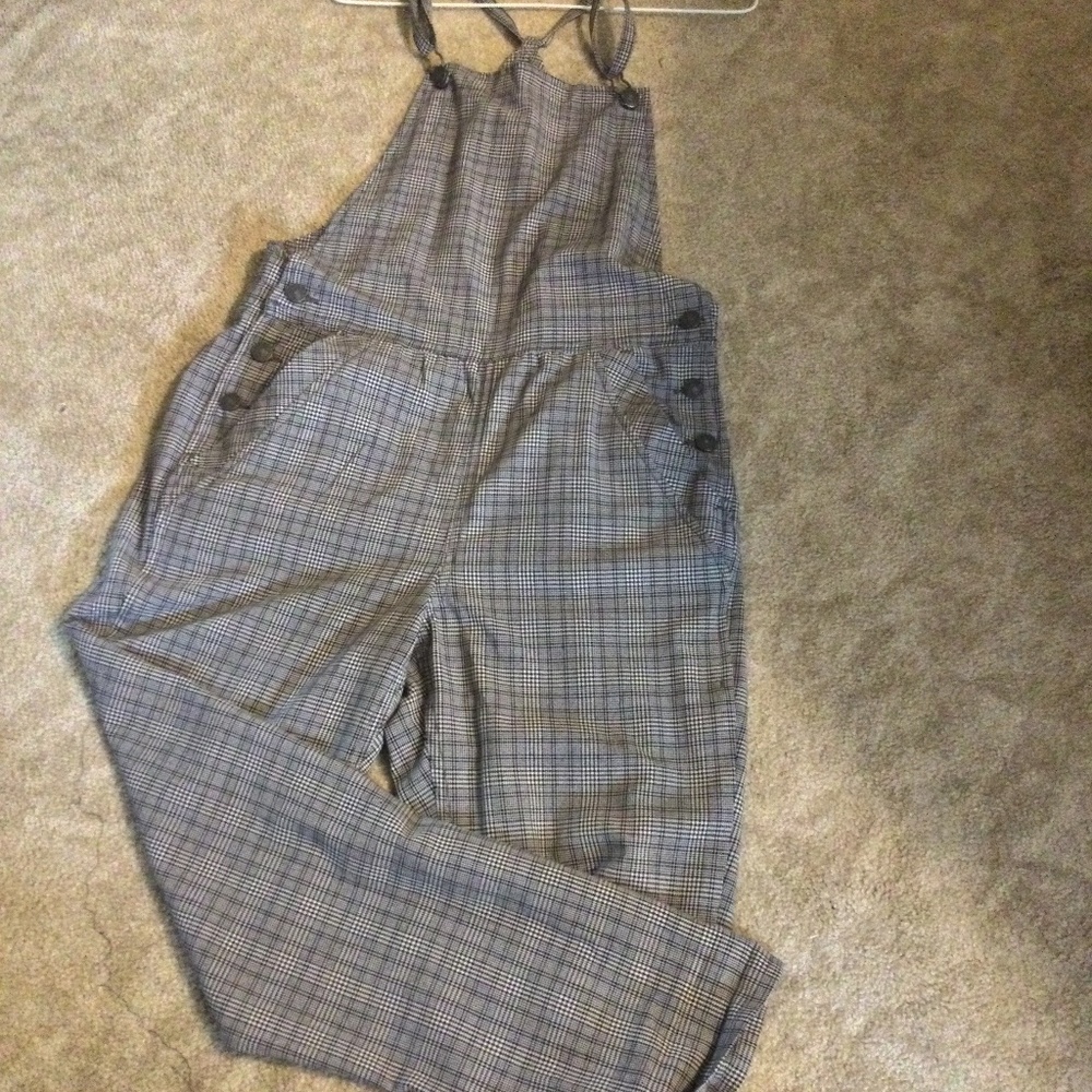 AE plaid overalls